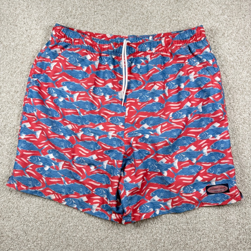 Vineyard Vines Swim Trunks Men L Red Blue Tuna Fish Print‎ Mesh Lined Shorts